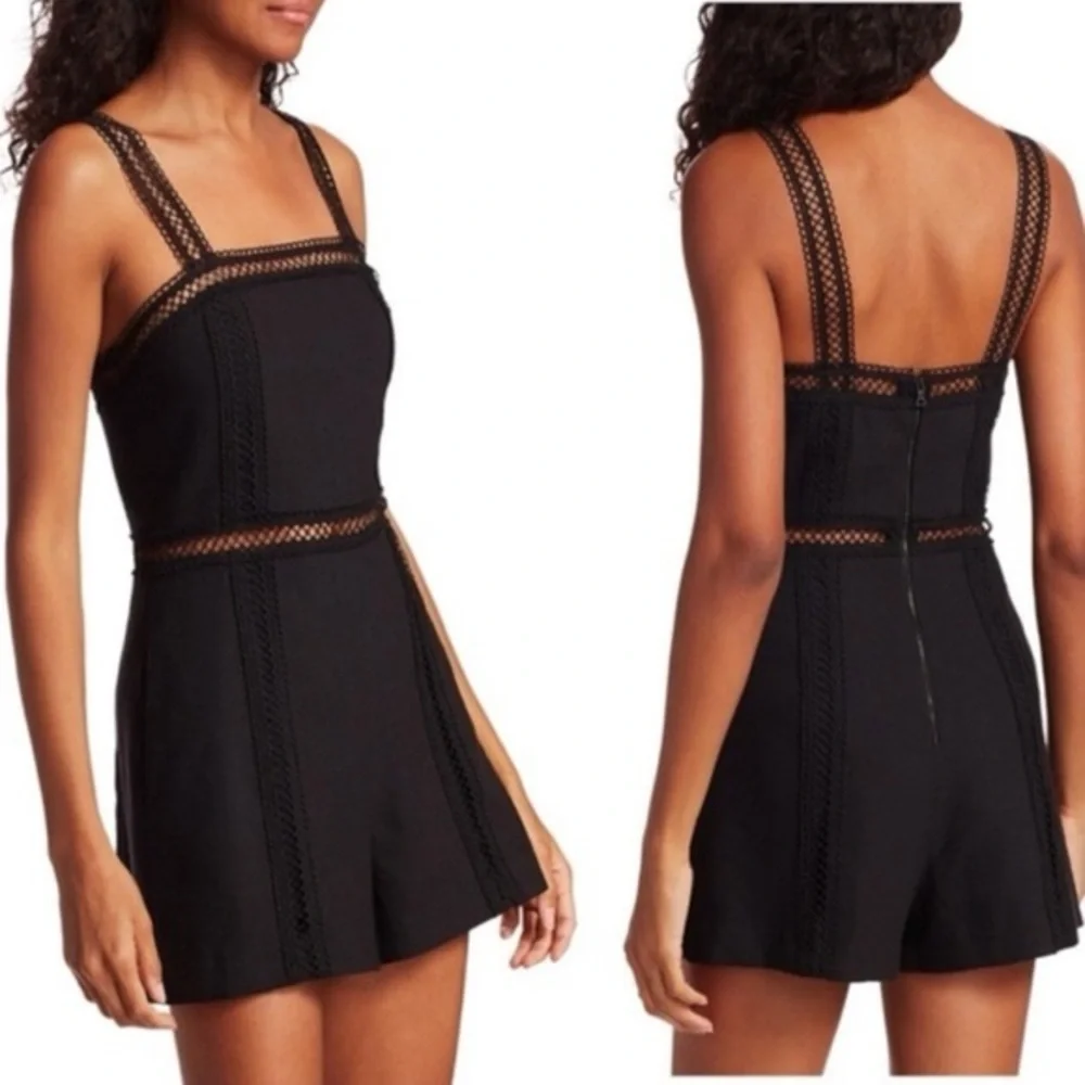 Alice + Olivia Glenda Square Neck Linen Blend Romper in Black - Size 0
